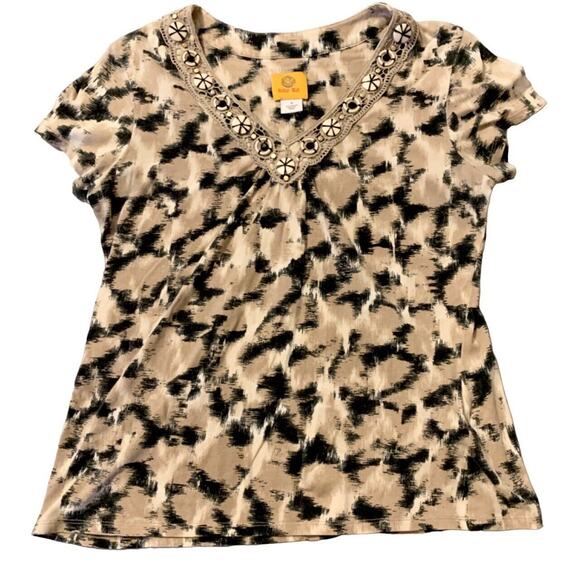 Ruby Rd Blouse Small Women Beige Black Artsy Embellished V-Neck BohoChic Summer - Picture 1 of 14